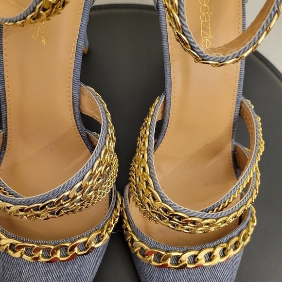 Shoedazzle Denim Pointed Toe Ankle Strap Stilettos Heel Gold Chains SZ 10 - Picture 5 of 13
